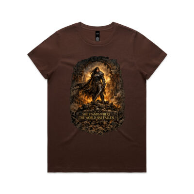 She Stands Where the World Has Fallen – Premium Cotton T Shirt Thumbnail